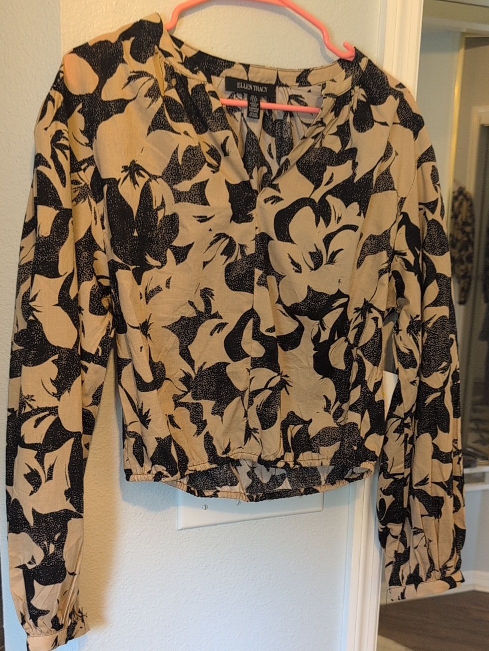 Ellen Tracy Beige Blouse With Black Floral Print Brand New
